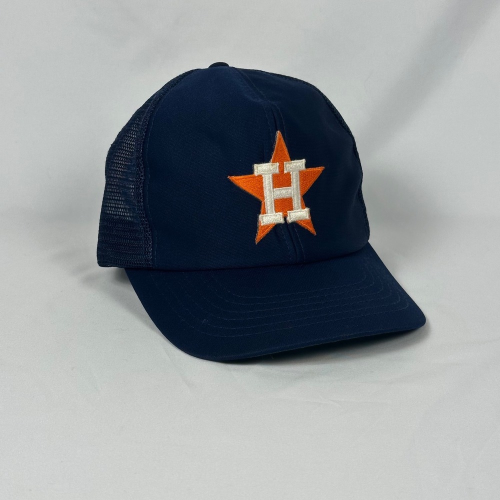 Vintage 90's Houston Astros Trucker Hat Men M/L Navy Blue Mesh Snapback UI Cap - Picture 1 of 12